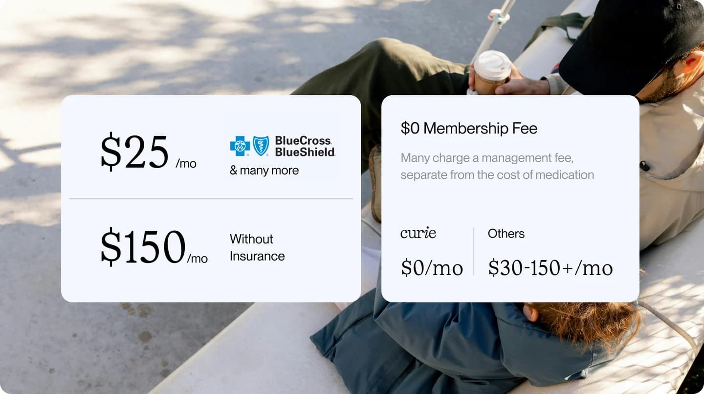 Curie pricing shown with and without insurance, beside a zero dollar membership fee