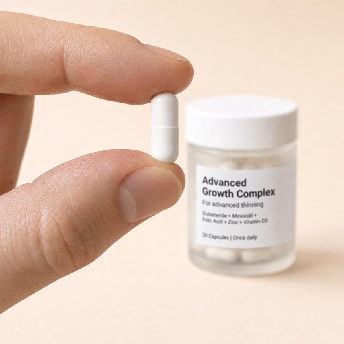 A single Advanced Growth Complex capsule held between two fingertips