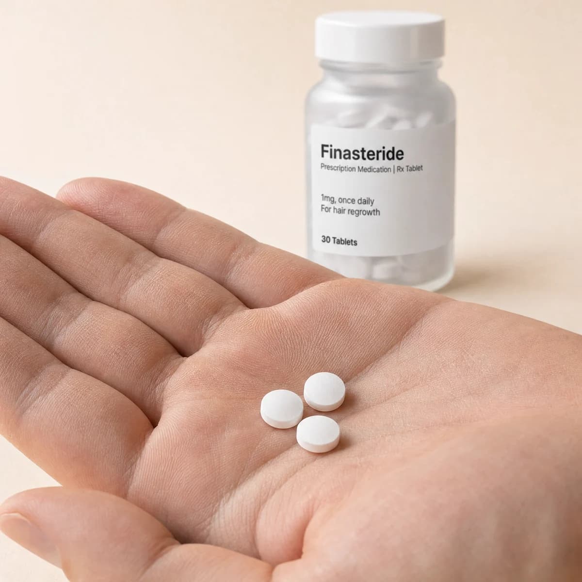 Three finasteride tablets in an open palm