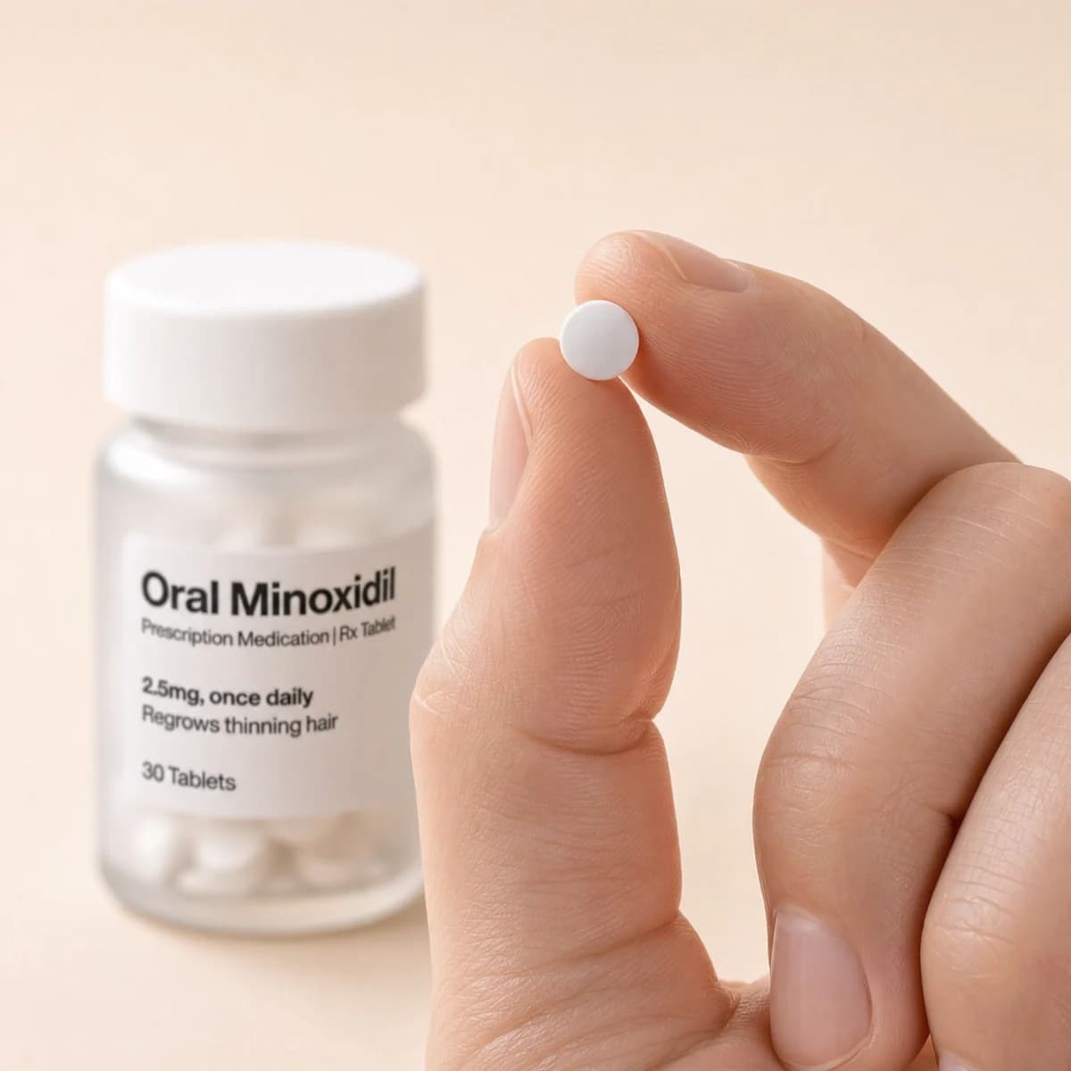 A single oral minoxidil tablet held between two fingertips