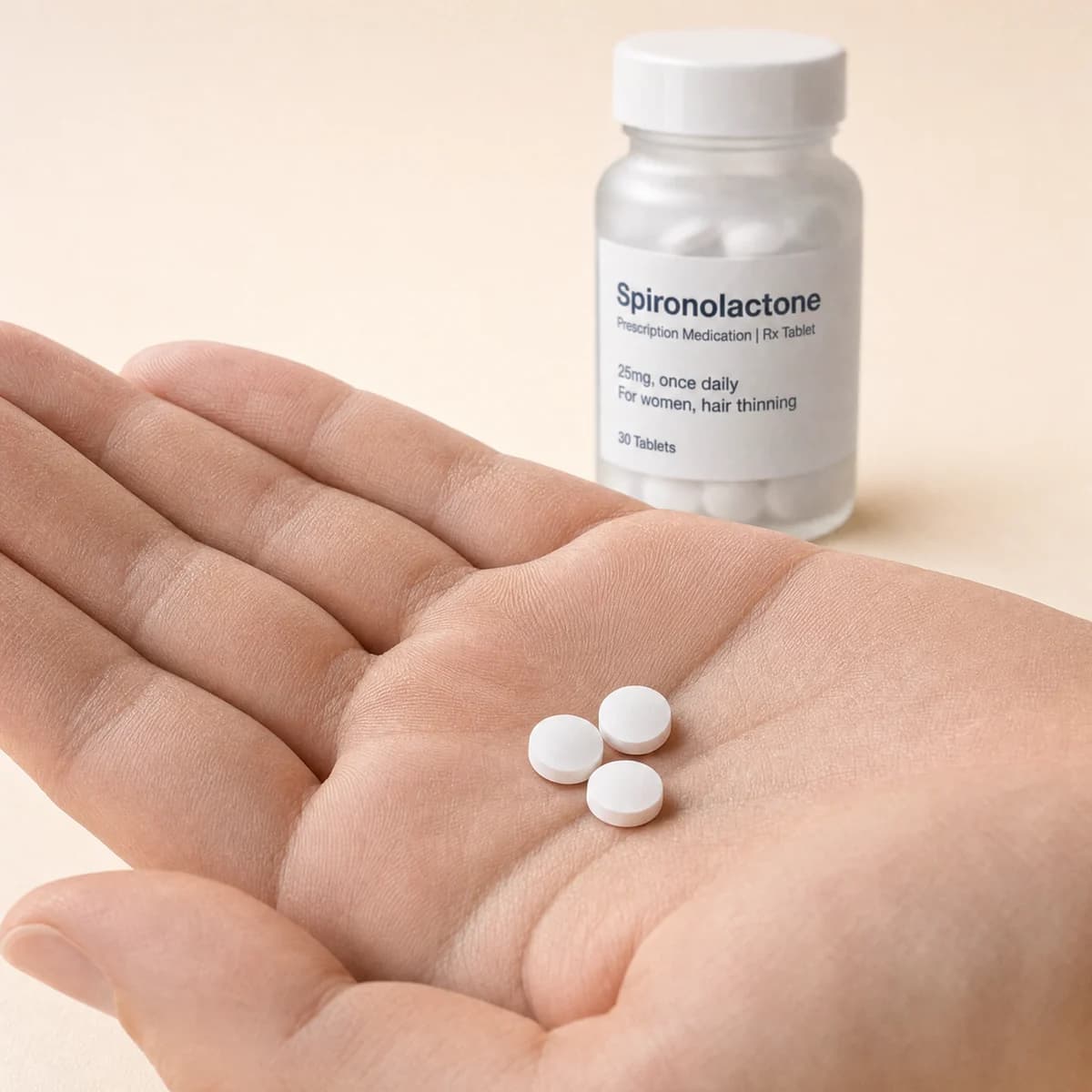 Three spironolactone tablets in an open palm