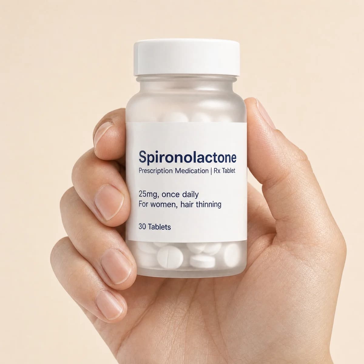 A hand holding a bottle of spironolactone 25mg tablets
