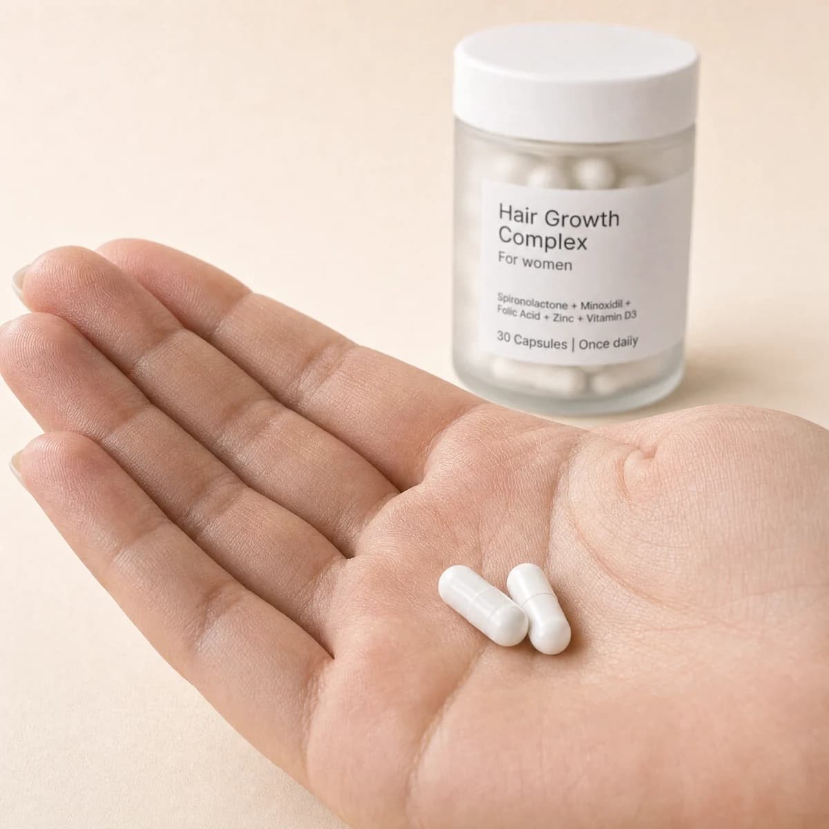 Two Growth Complex for Women capsules in an open palm