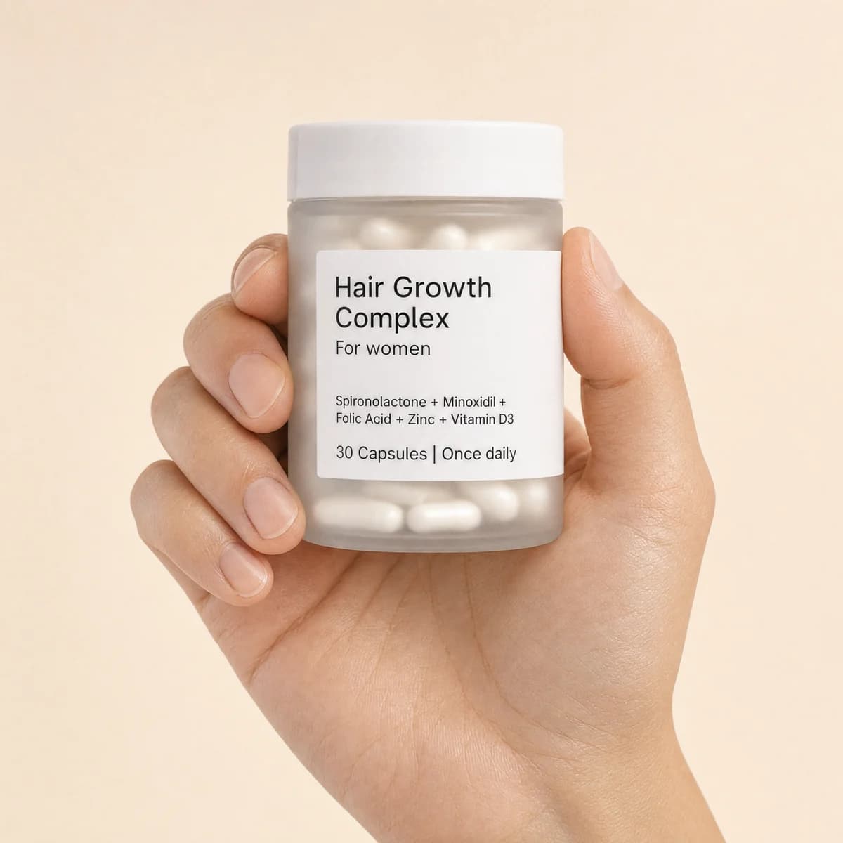 A hand holding a jar of Hair Growth Complex for women